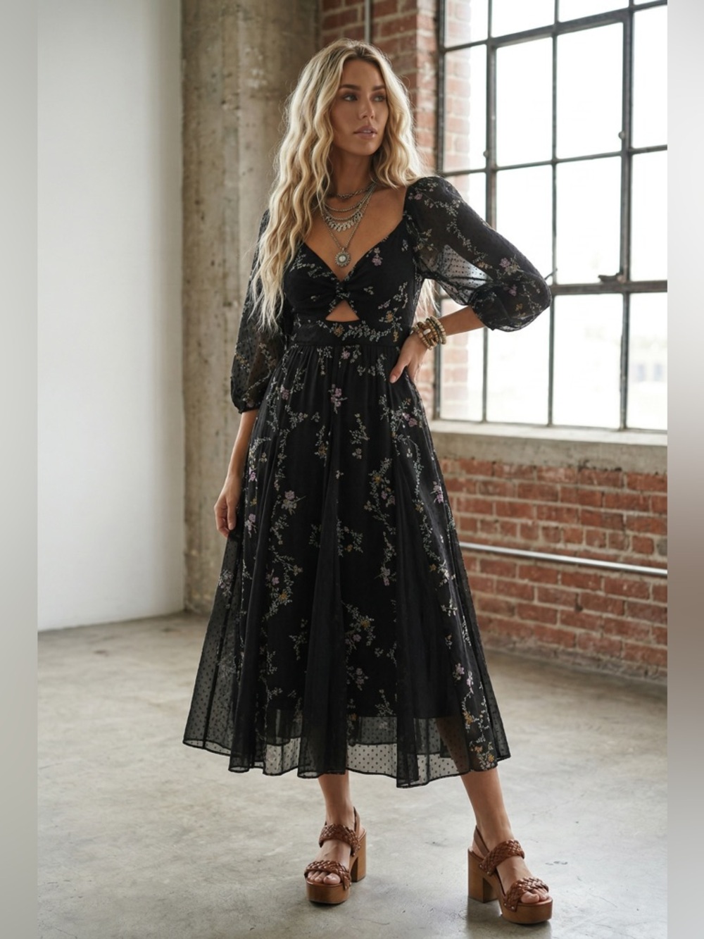 NWT Angie Clothing Boho Floral Swiss Dot Maxi Dress - Picture 2 of 8